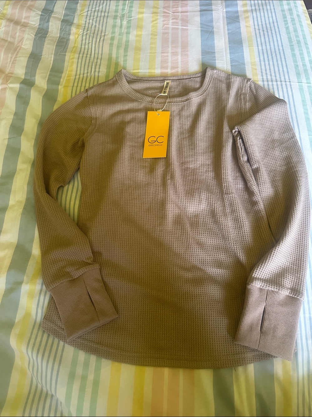 GC Collection Women's Long Sleeve Waffle Knit Top in Taupe